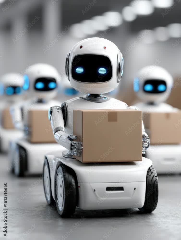 Poster robot delivery automation in warehouse with multiple robots carrying cardboard boxes on wheels effic