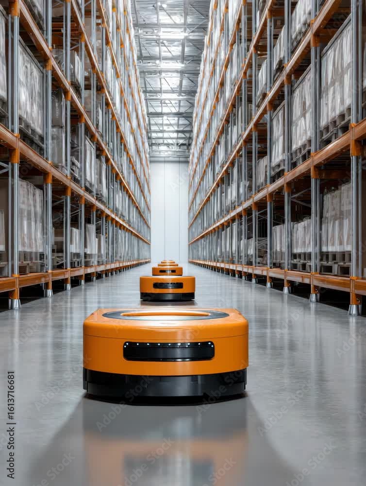 Poster automated warehouse robots enhancing industrial logistics and storage technology moving efficiently 