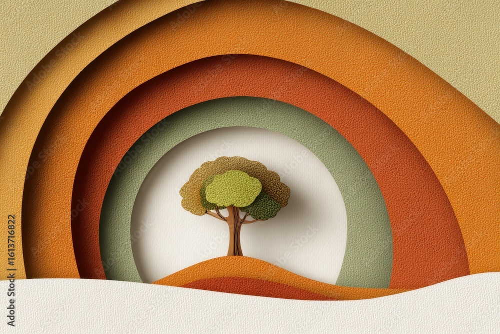 Poster paper cutout tree surrounded by colorful layers of circles and waves