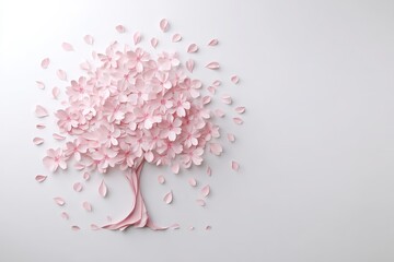 Fototapeta premium Pink Paper Tree with Petals on White Background for Spring and Nature Themes