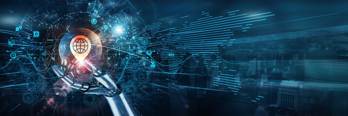 The hand of a robot touches on a GIS mapping network, geospatial data visualization automation analysis tracking layers location integration surveying cartography monitoring systems.