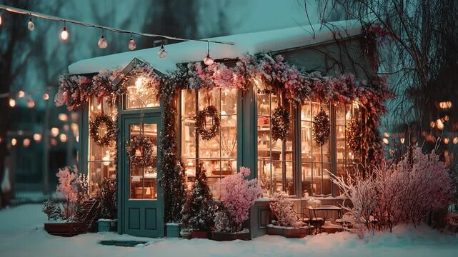 Cozy winter cafe adorned with lights and flowers in snowy evening setting