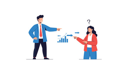 Two business professionals disagreeing on a financial graph and data analysis presentation