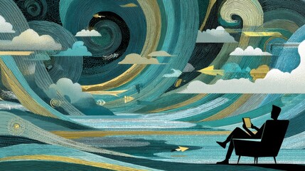 A person in an armchair reads or writes against a swirling sky of blues, whites, and yellows,