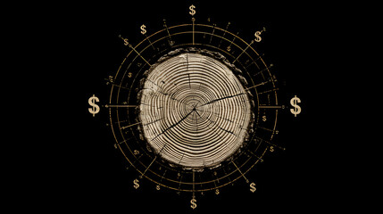 A wood slice with rings surrounded by a grid with dollar signs on a black background in a design