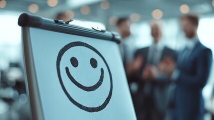 Three individuals stand behind an easel featuring a large hand-drawn smiley face,