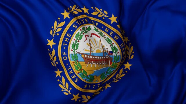 New Hampshire US state flag swaying in the wind, looped endless cycled video, completely full screen covers flag background