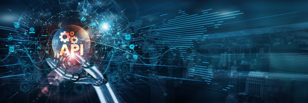 Hand of robot touch on API integration network, interface communication automation connectivity systems development services security endpoints interaction scalability.