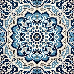 Intricate Blue Floral Tile Design on White Ceramic Background.