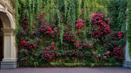 Naklejka premium Rose-covered wall, lush greenery