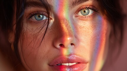 Close-up portrait of a woman with striking blue eyes,