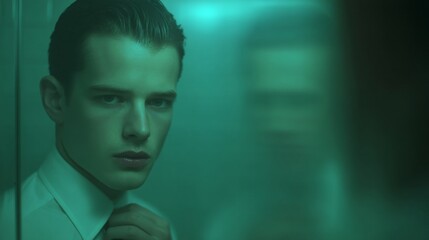 A young individual in formal attire with a white collared shirt, slicked back hair,