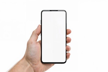 Mobile phone blank screen mockup held in hand showcasing modern technology perfect for app screenshots and digital product marketing materials
