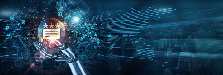 The hand of the robot touches the feedback analysis network; automation reviews response...