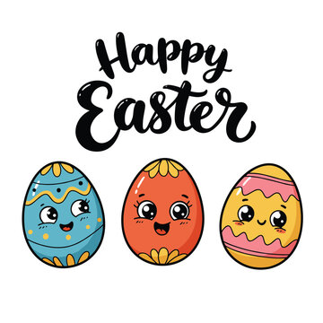 Happy easter isolated with black alfabeth and white background with hand drawing and three funny eggng and three funny egg