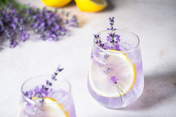 A vibrant drink presented with lavender, lemon slices and bubbles creating a refreshing ambiance....