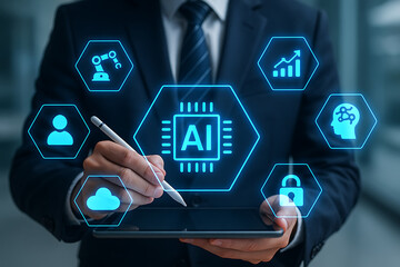 Artificial intelligence and business automation concept with businessman interacting with tablet and futuristic AI icons in digital interface