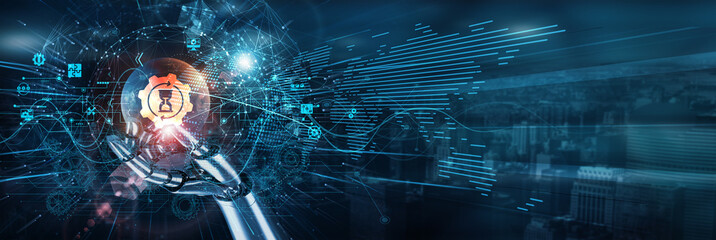 The hand of a robot touches a work-in-progress tracking network, automation task status monitoring...