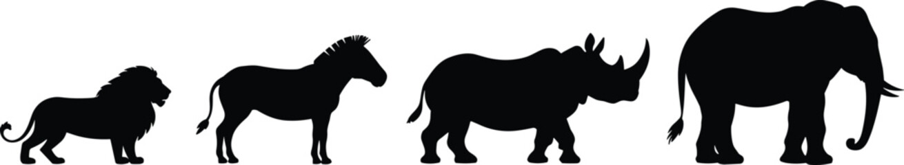 African animal silhouettes, lion zebra rhino elephant, wild animal vector, safari clipart black, jungle animal outline, African wildlife illustration art