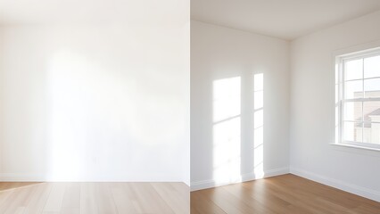 Simple room comparison showing plain walls versus freshly painted walls with natural light.