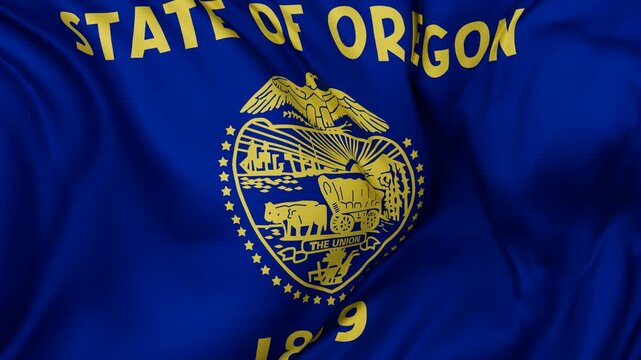 Oregon US state flag swaying in the wind, looped endless cycled video, completely full screen covers flag background