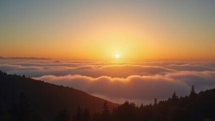 Obraz premium Sunrise over a mountain range shrouded in clouds.