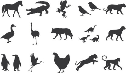 15+ Different animal silhouette set collection. Animal vector black and white editable eps file. Alligator, Amphibian, Chicken, Dinosaur, Dog, graphic, Duck, Horse, Monkey, Old Word