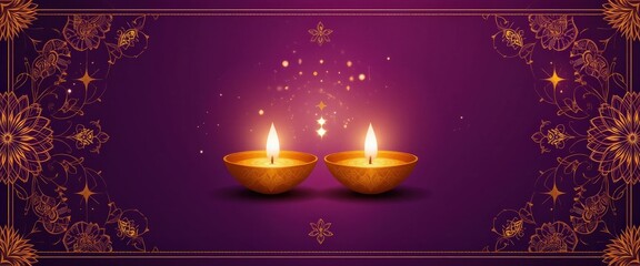 Modern Vector Illustration Two Lit Diya Oil Lamps Floral Patterns Deep Purple Background Diwali Celebration - Festive Indian Cultural Heritage Design Event Promotion Marketing Materials