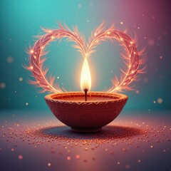 Vibrant Heart-Shaped Diwali Oil Lamp Sparkling Flame Teal Purple Background - Festive Celebration Love Togetherness Diwali Marketing Promotional Materials