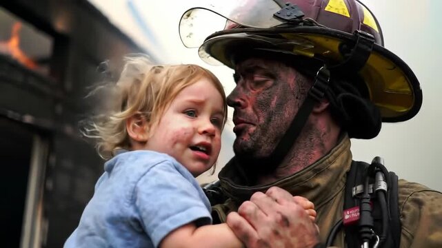 rescue scene of firefighter carefully carrying child out of smoke-filled building. heroic compassion in moments of crisis. firefighting, fire suppression, rescuing lives during disaster