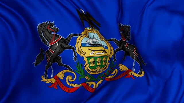 Pennsylvania US state flag swaying in the wind, looped endless cycled video, completely full screen covers flag background