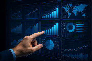 Business analytics and data visualization with hand pointing at digital dashboard, financial growth and global statistics concept