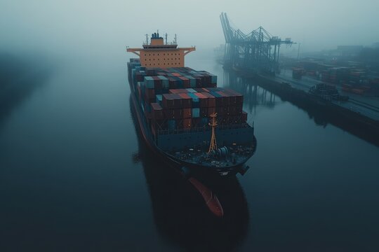 Container ship navigates river amidst fog near port