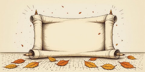 Vintage Hand-Drawn Vector Illustration Autumn Leaves Rolled Parchment Scrolls - Customizable Thanksgiving Fall Event Invitations Light Beige Background
