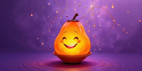 Whimsical Cartoon Pumpkin Happy Face Bowl Purple Background, Glowing Sparkles - Halloween, Autumn Celebrations, Thanksgiving Promotions