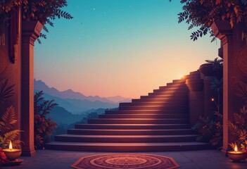 Vibrant Digital Illustration Upward Stairs Surrounded Lush Foliage Candlelight Sunset - Modern Atmospheric Design Wellness Retreats, Meditation, Mindfulness Journeys
