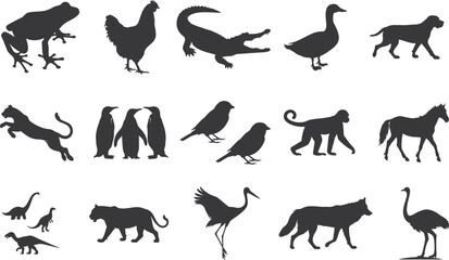15+ Different animal silhouette set collection. Animal vector black and white editable eps file. Alligator, Amphibian, Chicken, Dinosaur, Dog, graphic, Duck, Horse, Monkey, Old Word