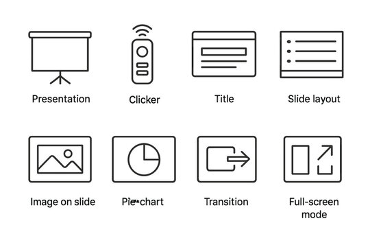 Set of simple black and white line icons for presentations and slides