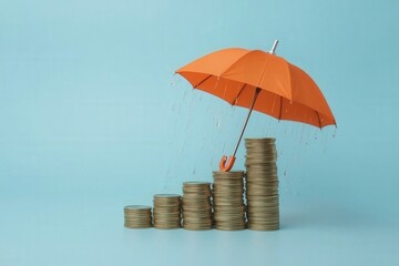 Financial protection concept with umbrella sheltering money coins symbolizing insurance savings security and risk management for business presentations
