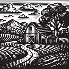 Monochrome Farm Scene Barn Fields Mountains and Clouds in a Woodcut Style Illustration black white