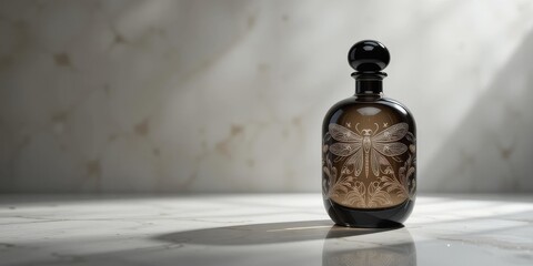 Elegant Black Perfume Bottle Butterfly Engraving Marble Background - Modern Minimalist Luxury Gift Special Occasions, Artisan Craftsmanship