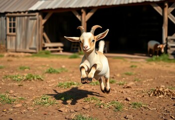 Fototapeta premium A playful kid goat leaps in a farmyard, rustic farmhouse backdrop, kid, sunny