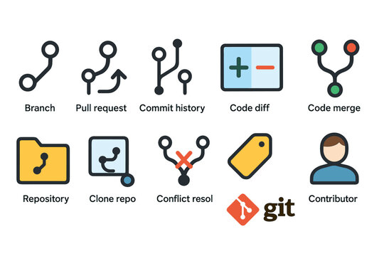 Set of Git Concept Icons in Line Style for Version Control and Collaboration