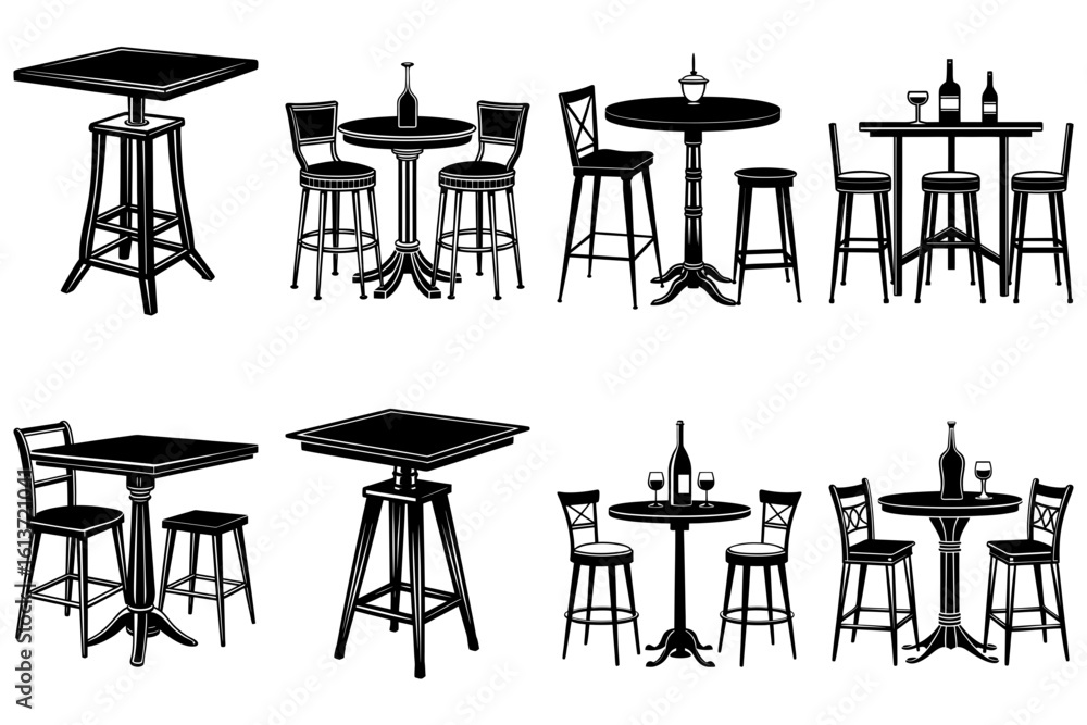 Poster illustration showing various styles of bar tables and stools in a black and white design concept art