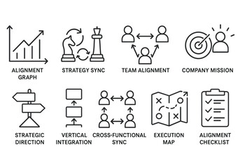 Set of strategic business concept line icons in black and white style