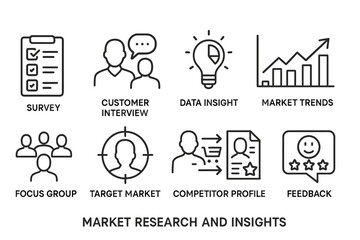 Set of market research and insights icons in line art style