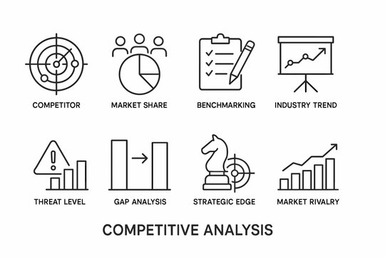Collection of black and white line icons for competitive analysis