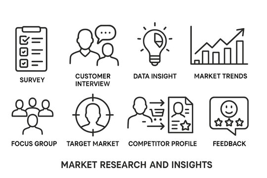 Set of market research and insights icons in line art style