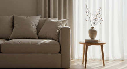 Minimalistic living room design with natural light and simple decor elements