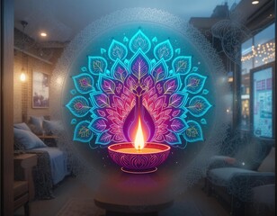 Vibrant Digital Illustration Lit Diya Intricate Floral Patterns Softly Blurred Indoor Background - Diwali Celebration Marketing Festive Decor